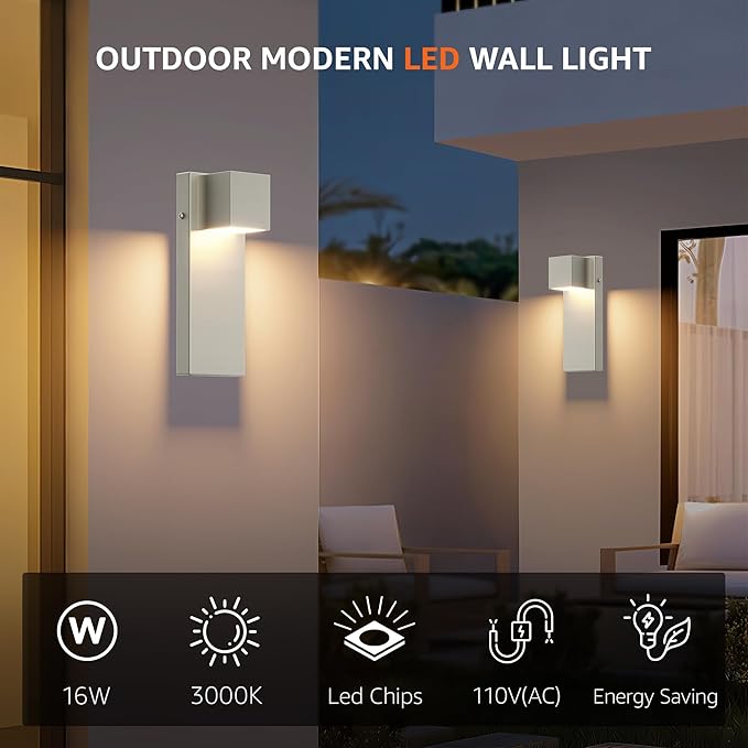 2 Pack 13" Modern Outdoor Led Wall Light,16W 3000K 1200Lumen Porch & Patio Hardwired Wall Mount Wall Sconces,Exterior IP65 Waterproof Aluminum Wall Lamp for Front Door Garage Garden(Nickel)