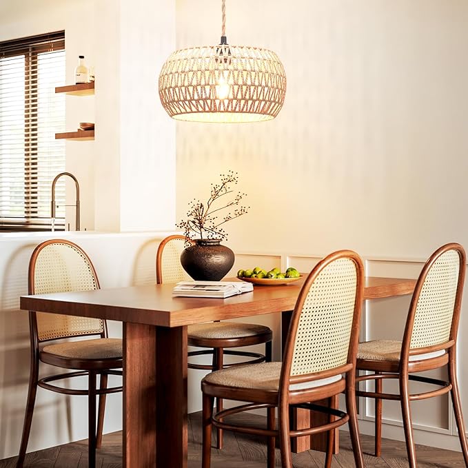 Plug in Pendant Light Rattan Hanging Lamp Pendant Light with on/Off Switch Rattan Woven Shade Hanging Lamp Plug in for Living Room Bedroom Farmhouse