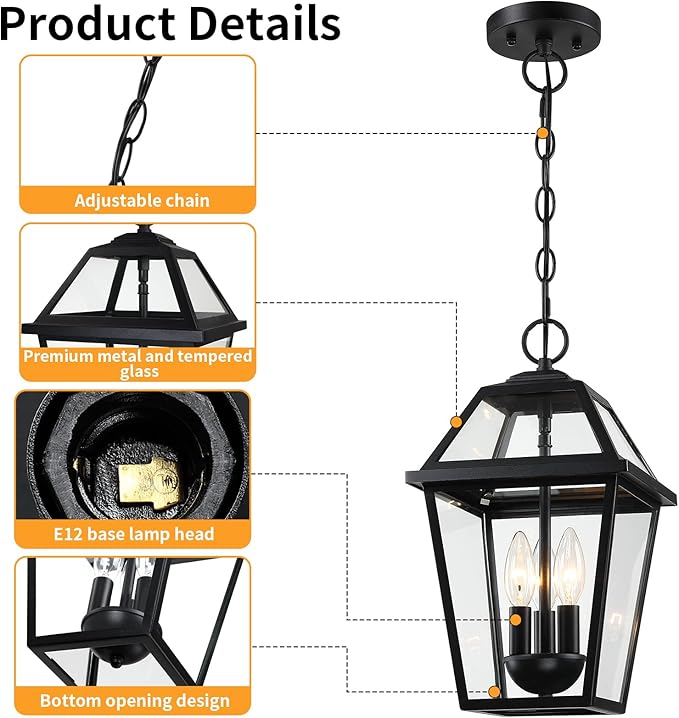 Modern 3-Light Large Outdoor Pendant Light for Porch, 16" Matte Black Exterior Hanging Light Fixture, IP65 Waterproof Anti-Rust Outdoor Chandelier Lantern for Front Door, Balcony, Sloped Ceiling