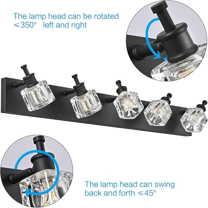 PRESDE Black Crystal Bathroom Vanity Light for Bathroom Modern 5 Light Vanity Lighting Fixtures