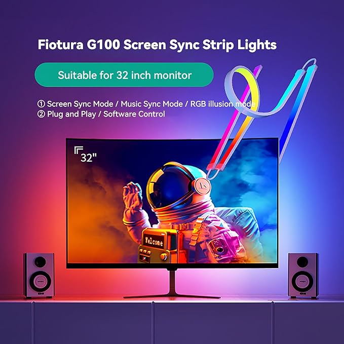 Monitor LED Backlights for PC/Mac, LED Strip Lights That Sync with Screen Color or Music, Computer Light Bar Behind Monitor, LEDs for Desk Gaming, USB Interface, Software Control (32 in)