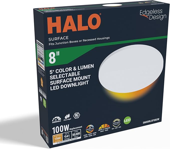 HALO SMX 8-Inch Edgeless Surface Mount LED Downlight w/Selectable Lumens, Color Temperatures, Dimming-Round, 4-Pack, SMX8RLSFSD2W-4PK