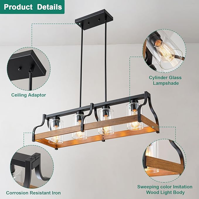 31.5" Farmhouse Chandeliers for Dining Room, 4-Light Kitchen Island Lights for Kitchen with Hand-blown Glass Shade, Faux Wood Black Kitchen Island Lighting Rustic Dining Room Light Fixtures over Table