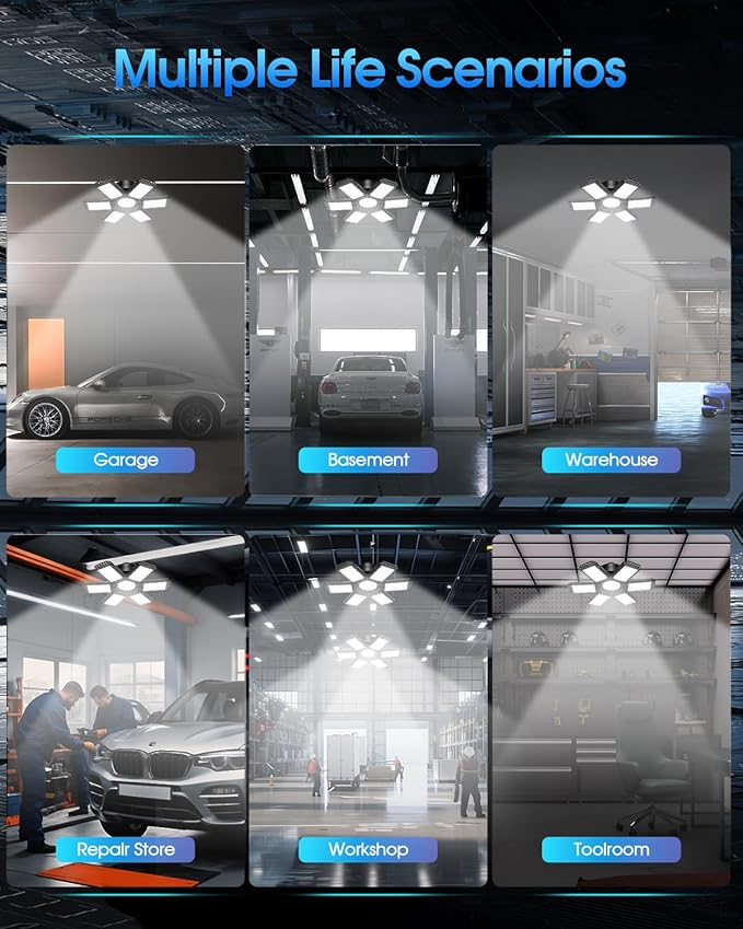 AUDLES 8 Pack LED Garage Light, 200W 20000LM 6500K LED Shop Lights, Garage Lights Ceiling Led with 6+1 Deformable Panels, Screw in E26/E27 Socket Bulb for Warehouse, Workshop, Basement, Barn Lighting