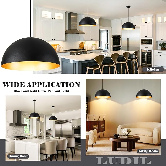 16 Inch Industrial Pendant Lighting for Kitchen Island, Black and Gold Metal Dome Pendant Light Fixtures, Hemispherical Hanging Ceiling Light E26 Base for Reading Dining Room Foyer Cafe, 2 Pack
