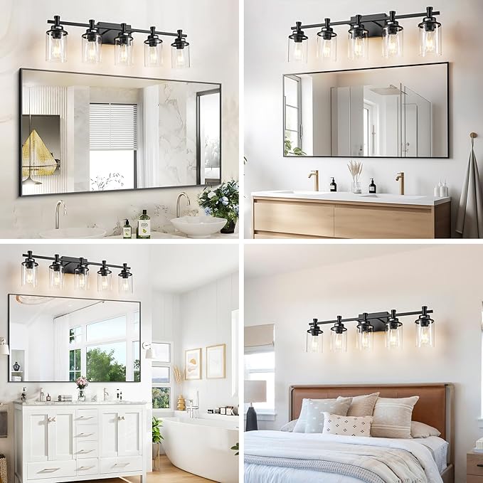 5-Light Black Bathroom Vanity Light, Modern Wall Sconces Over Mirror with Clear Glass Shade