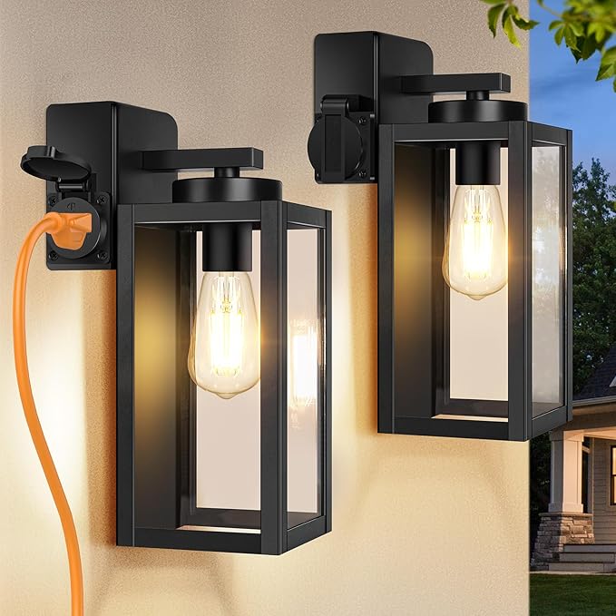 BesLowe 2-Pack Porch Lights Outdoor with UL Certified Outlet, Modern Outdoor Wall Lights Exterior Lighting Fixtures Waterproof, Exterior Wall Sconces Outside Lights for House Front Door Garage, Black