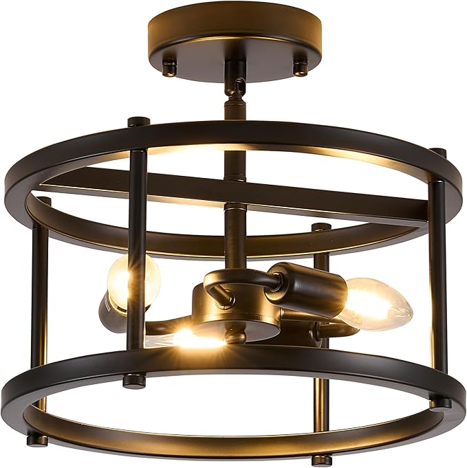 Black Semi Flush Mount Ceiling Light, 3-Light Farmhouse Ceiling Light Fixture for Entryway, Hallway & Foyer, Rustic Black Metal Close to Ceiling Lamp, E12 Base, 12.2 Inch