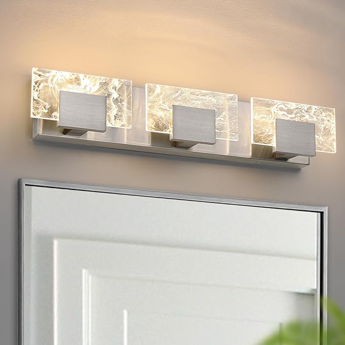LED Bathroom Vanity Light: 24 Inch Brushed Nickel Acrylic Modern Lighting Fixtures - 3-Lights Contemporary Smoke Design Wall Lights Fixture Over Mirror 3000K