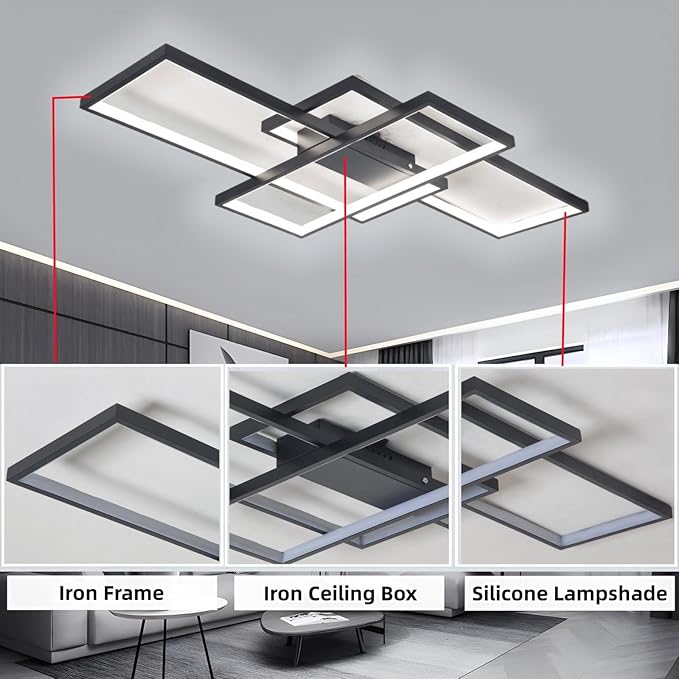Modern Dimmable LED Ceiling Light Fixture,with Remote Control 3 Color Selectable Flush Mount Ceiling Lamp Ceiling Lights for Sitting Room Kitchen Bedroom(Black, 35.4 * 19.7 * 2.5 in)