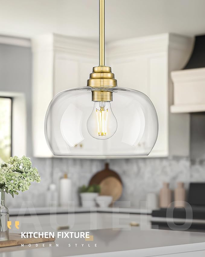 AUTELO Gold Pendant Lights, 1-Light Pendant Lights Kitchen Island in Brushed Gold Finish with Clear Glass, Vintage Pendant Light Fixtures, Gold Hanging Lights for Kitchen Island H9385 BG-R