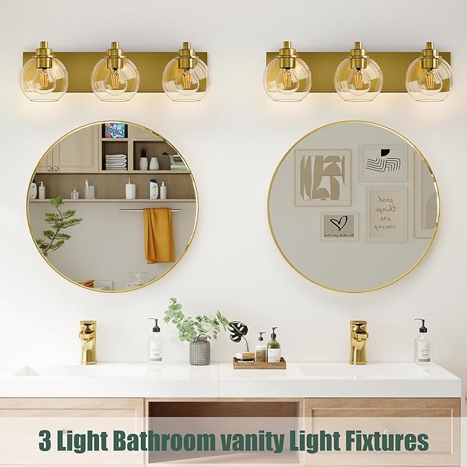 Espird 3 Light Bathroom Light Fixtures-Brushed Gold Bathroom Vanity Lights, Modern Vanity Lights 3-Light Bathroom Lighting Fixtures Over Mirror with Clear Glass Globe Shade
