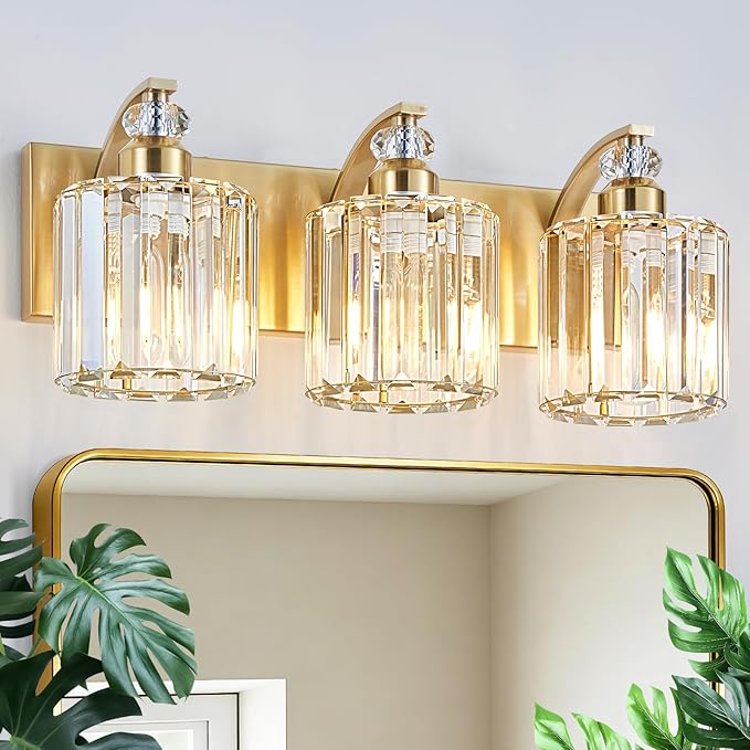 3-Lights Brushed Brass Bathroom Light Fixture Gold Vanity Lights Modern Crystal Bathroom Vanity Lighting Over Mirror Wall Sconce with K9 Crystal Shade E26 Base for Living Room, Bedroom Wall Lamp