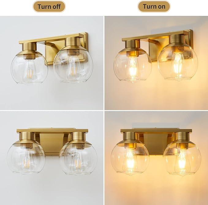 PAZALA 2 Light Vanity Lights, Brushed Brass Bathroom Wall Sconce Light with Globe Glass Shade, Bathroom Light Fixture Over Mirror for Bedroom, Living Room, Hallway (E26 Base)