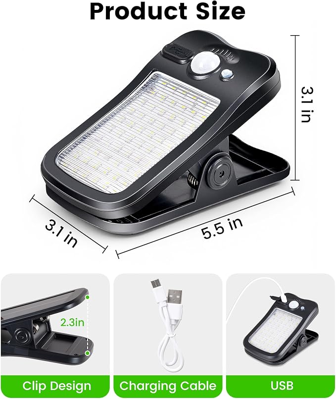 Clip on Solar Lights Outdoor, Solar Motion Sensor Lights Outdoor with Waterproof 3 Modes, 60LEDs 500LM Portable Security Light for Fence, Deck, Yard, Camping, USB Charging, 6 Black