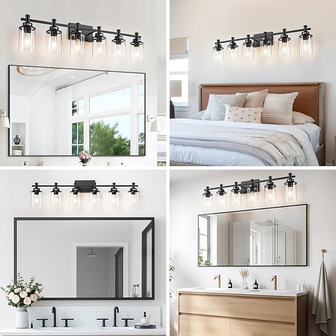 Modern Black Bathroom Vanity Lighting Over Mirror, 6 Lights with Clear Glass Shade, Metal Vanity Light Fixture for Bathroom, Bedroom, Living Room