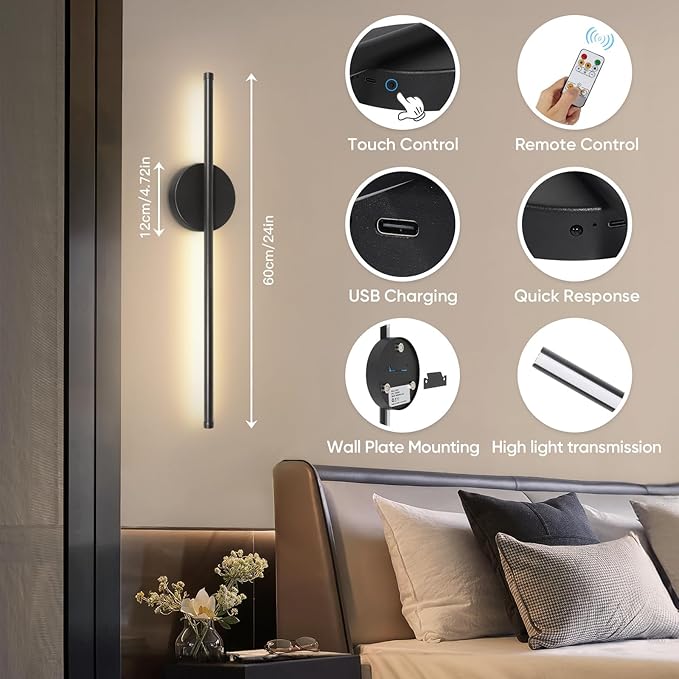 TaoFiaCo Battery Operated Wall Sconces Set of Two, Wireless Rechargeable Wall Sconces Black with Remote Control Dimmable, Cordless Wall Light Decor for Living Room, Bathroom, Hallway, Timing, 24 Inch