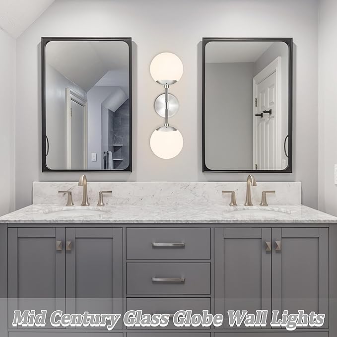 KoKo&Yukina Nickel 2 Light Vanity Light Fixtures Mid Century Modern Bathroom Vanity Light Globe Sconce with Milky White Glass for Bathroom Bedroom