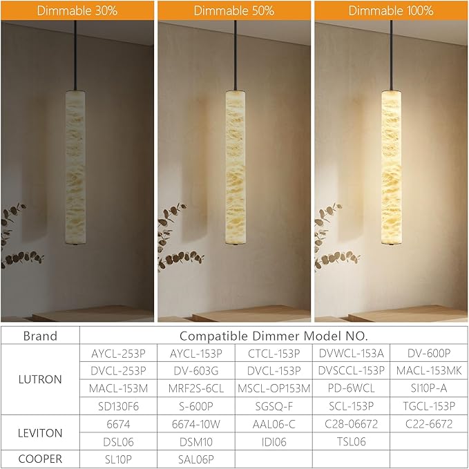 LMQNINE Natural Alabaster Pendant Lights White Marble 24" Long Tube Adjustable Boom Chandelier Modern 3000K Black Ceiling Light for Kitchen Island Bedroom Dining Room Living Room Hallway(M-2Pack)