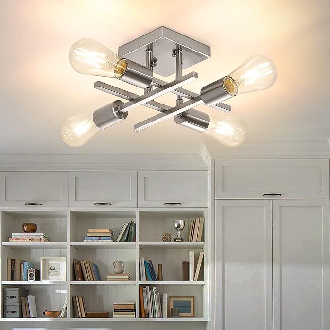 Industrial 4-Light Semi Flush Mount Ceiling Light Fixture, Modern Brushed Nickel Chandelier Lighting Sputnik Ceiling Lamp with E26 Bulb Base for Kitchen Bedroom Living Room Hallway Entryway