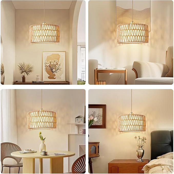 Plug in Pendant Light Rattan Hanging Lights with Plug in Cord, Woven & Fabric 2 in 1 LampShade, Hanging Lamp Plug in for Bedroom Living Room Kitchen Island (Bulb Included)