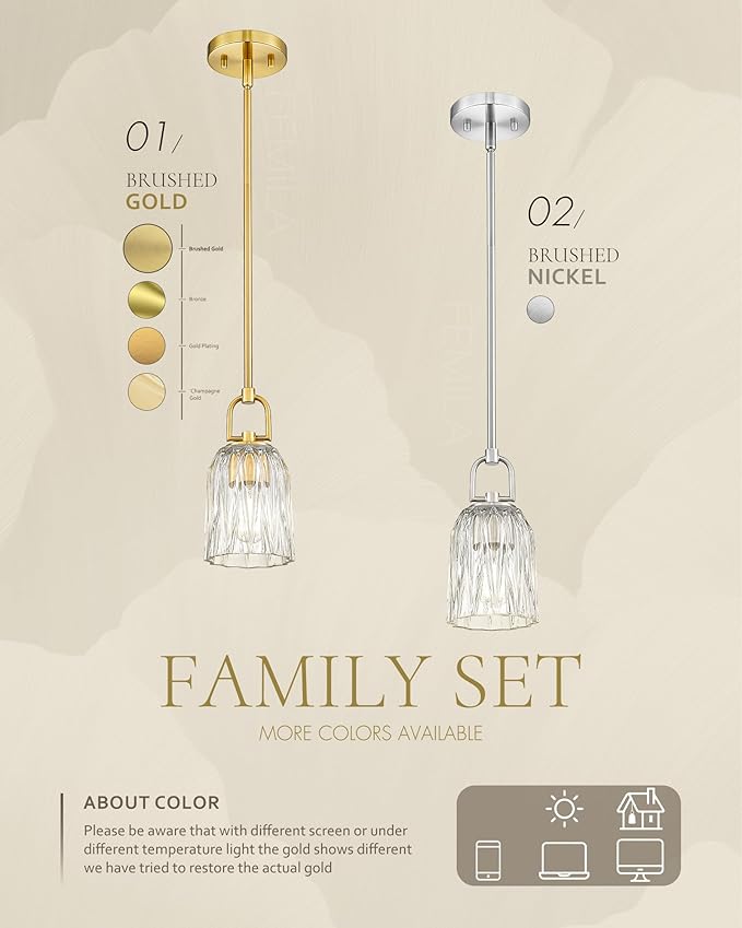 FEMILA Brushed Nickel Pendant Light Fixtures, Glass Pendant Light Modern Pendant Lighting for Kitchen Bedroom Hotel, E26 Base, 4FH83MIL BN