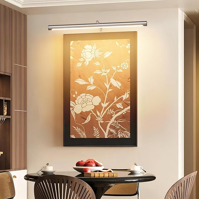 9W Picture Light Plug in, 24" Adjustable LED Art Light with Remote Control, Dimmable Wall Light for Picture Display Dartboard Art Work (Nickel)