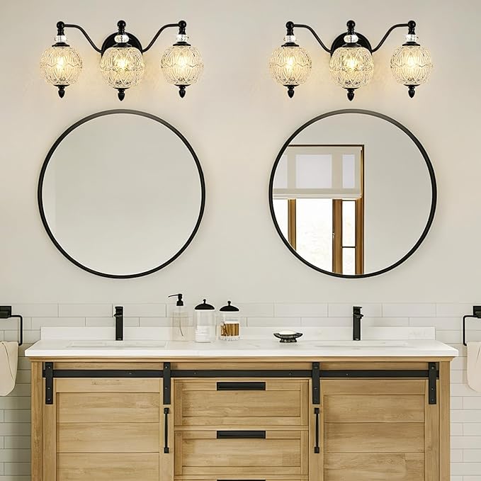 Matte Black Bathroom Vanity Light, 3-Light Mid Century Farmhouse Wall Sconce with Globe Glass Shades, Retro Mirror Light for Bathroom, Powder Room