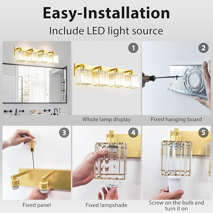 Bathroom Vanity Light Fixtures Over Mirror 4 Crystal Lights - Makeup Lighting Pure Gold - for Modern Wall, Bath, Desk, Farmhouse, Hallway
