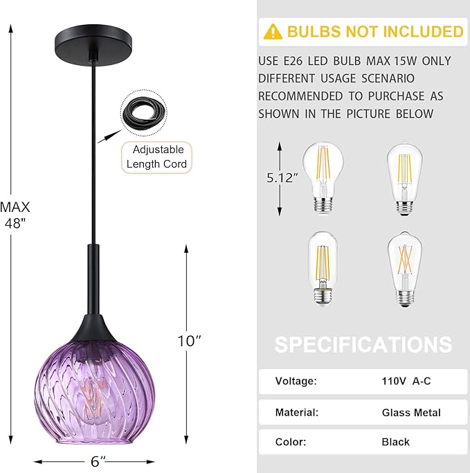 1 Light Pendant Ceiling Light Hanging Modern Farmhouse Indoor Fixture 6" Purple Textured Glass Black Finish Dinning Over Sink Kitchen Island