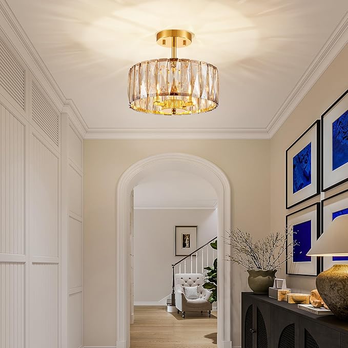 Crystal Ceiling Light, 3-Light Modern Semi-Flushmount Ceiling Light for Living Room, Dinning Room Hallway, D12xH9inch, Gold Finish Frame & Champagne K9 Crystal