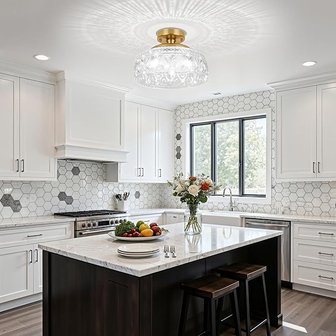 SunRider Semi Flush Mount Ceiling Light, Modern 3-Light Globe Glass Ceiling Light Fixture, Gold Indoor Pendant Lamp for Hallway Porch Kitchen Bedroom