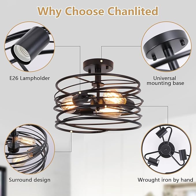 Black 3-Light Rustic Drum Semi Flush Ceiling Light Fixture, Retro Farmhouse Chandeliers Metal Cage for Dining Room, Industrial Pendant Light Fixture for Entryway Kitchen Foyer Bedroom