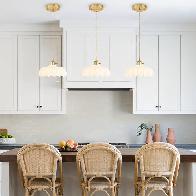 Glass Pendant Lights Kitchen Island, Vintage Brass Pendant Light Fixtures, Adjustable Milk White Kitchen Pendant Lighting Over Island for Bedroom Living Room Hallway Dining Room