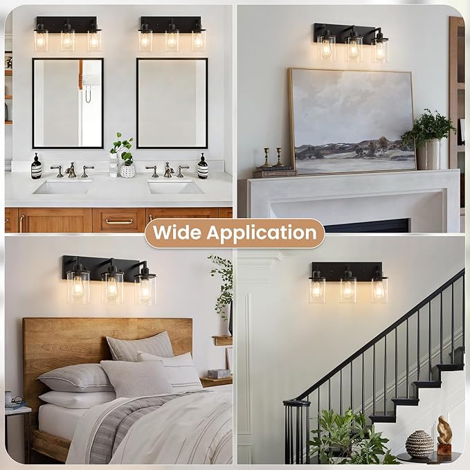 3-Light Bathroom Vanity Light Fixtures, Modern Matte Black Bathroom Lighting Fixtures Over Mirror with Square Clear Glass Shades, Bath Wall Sconce Lights for Dressing Table, Bedroom, Hallway
