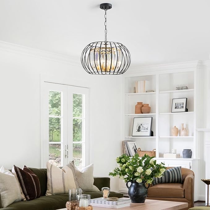 Black Gold Crystal Chandeliers 17.7" Modern 4-Light Cage Pendant Lighting Fixture Adjustable Farmhouse Round Chandeliers for Dining Room Bedroom Kitchen Island Hallway Foyer