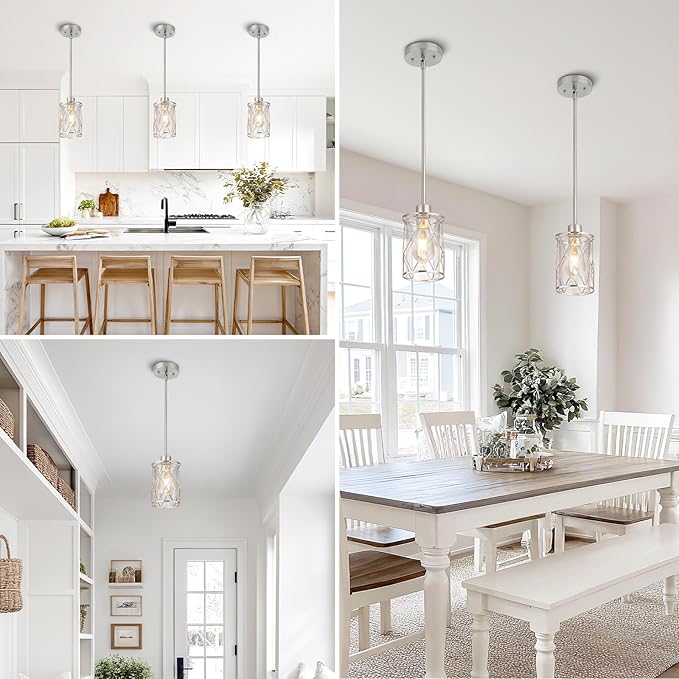 Refice Glass Pendant Lights Kitchen Island, Brushed Nickel Kitchen Hanging Light with Clear Glass, Farmhouse Cage Mini Pendant Lighting for Sink Dining Room Bedroom Bar, 3 Pack
