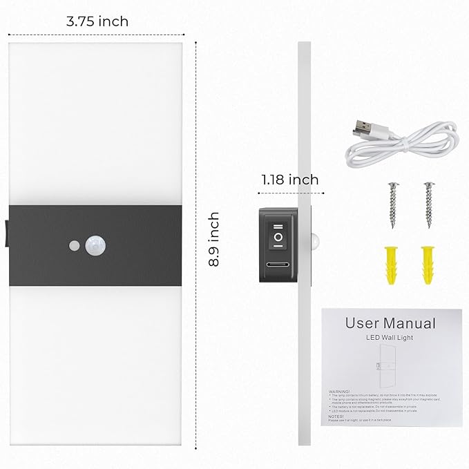 LED Wall Sconces Set of Two | Wall Lamps with 2000mAh Battery Operated,Rechargeable,Sensing Mode and Constant Light Mode,Acrylic Wall Sconce,Warm White,3000K,Cordless Wall Light (2Pcs)