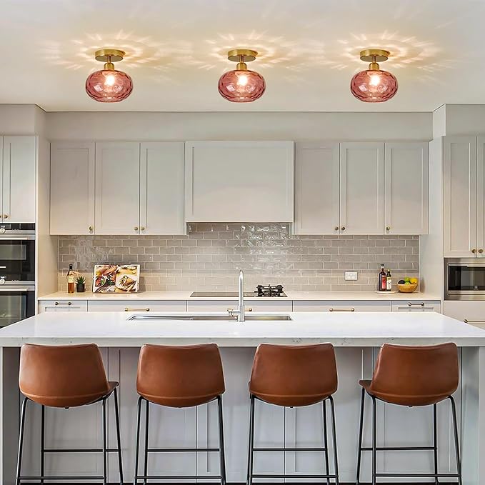 Red Glass Semi Flush Mount Ceiling Light - 2 Pack,7.9 Inch Small Hammered Art Deco Glass Hallway Light fixtures, Vintage Gold Flush Mount Ceiling Light for entryway Foyer Laundry Room Kitchen