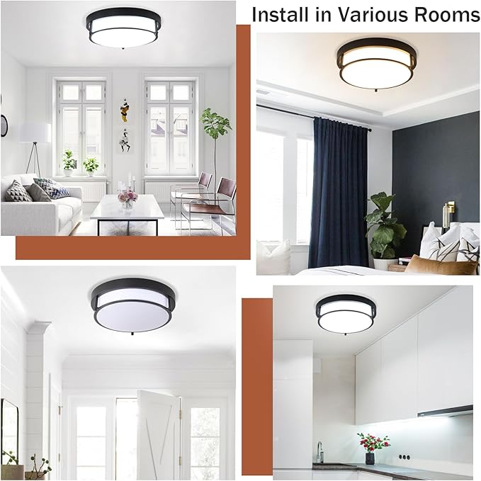 12 inch Black Flush Mount Ceiling Light, 2-Light Modern Light Fixtures Ceiling Mount for Kitchen Entryway Bedroom Hallway, E26 Socket