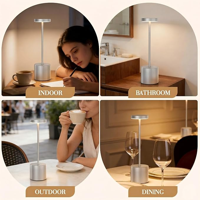 Silver Cordless Table Lamp Set of 2, 5000mAh Rechargeable Lamp with Touch Control & Stepless Dimming, 3 Light Modes, IP54 Waterproof Portable Light for Dining Table, Patio, Bathroom, Power Outage