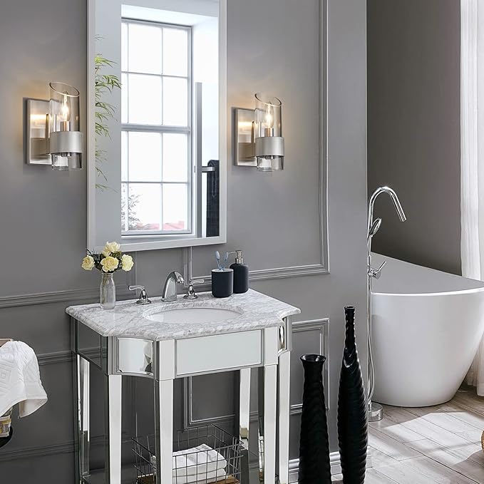 WUZUPS Set of 2 1-Light Bathroom Wall Light Fixture Over Mirror Class Shade Morden Vanity Scones for Bathroom Bedroom Living Room, E12 Base, Brushed Nickel
