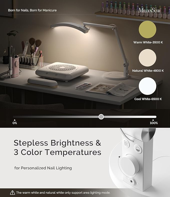 MelodySusie LED Manicure Table Lamp for Nail Techs, S-Pro25A Professional Nail Desk Light with Adjustable Arm, Dimmable Brightness & 3 Color Temperatures for Gel Nails & Nail Art