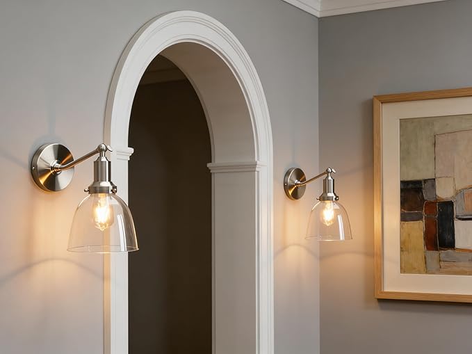 PERMO Industrial Vintage Slope Pole Wall Mount Single Sconce with 6.7" Oval Dome Clear Glass Shade Wall Sconce Light Lamp Fixture (Brushed Nickel)