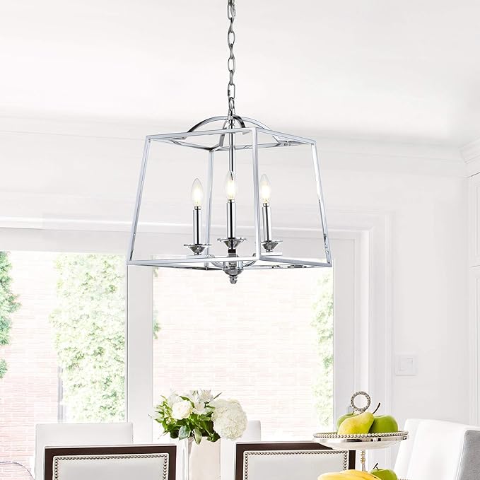 JONATHAN Y 14.5" Chrome 3-Light Metal Lantern Pendant Light, Adjustable LED Hanging Ceiling Fixture for Kitchen Island, Foyer, Entryway and Dining Room, ETL Listed JYL7410A
