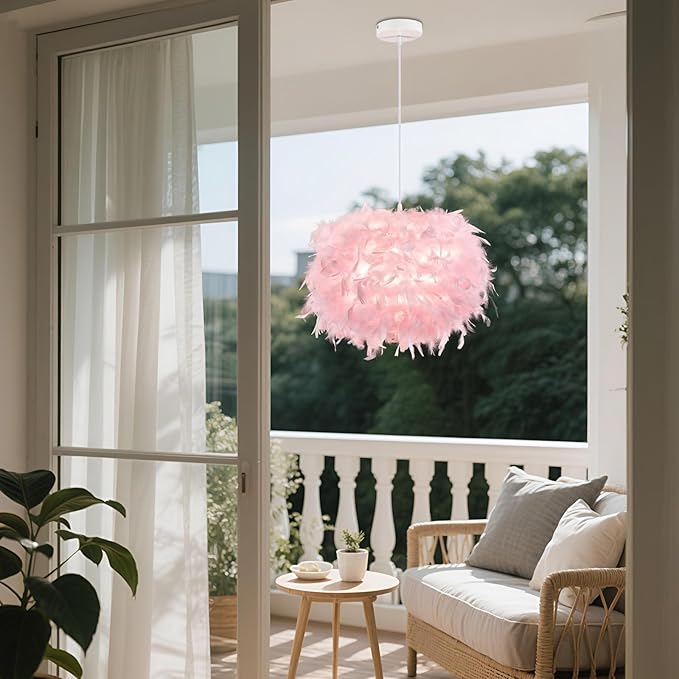 NZV 15.8in Pink Pendant Light Fixture Pink Feather Chandelier for Bedroom Feathers Lights Fixture Girls Room Romantic Hanging Ceiling Lighting for Kitchen Island Dining Room Foyer Hallway