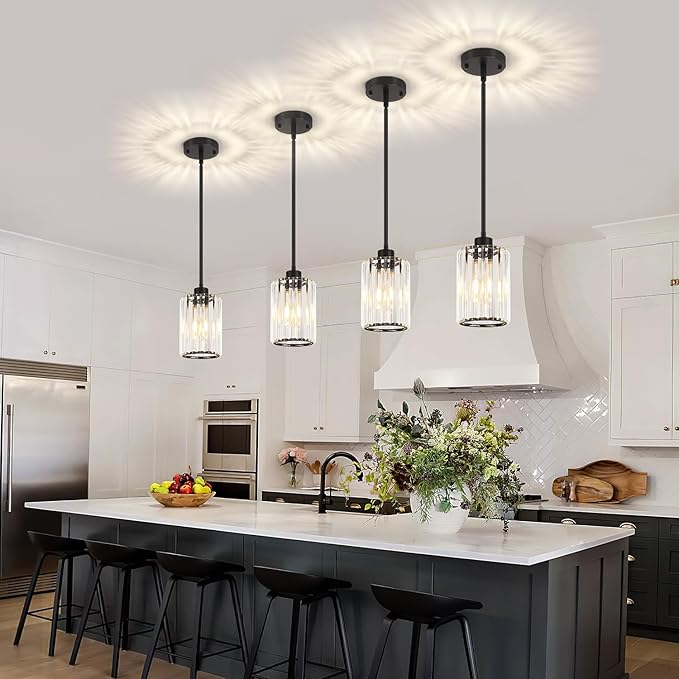 Black Pendant Light, Modern Crystal Pendant Lights Kitchen Island Lighting, Hanging Light Fixtures Mini Chandelier Pendant Lights for Island Dining Room Hallway Bedroom