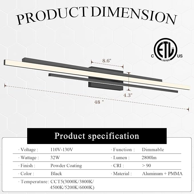 Modern LED Vanity Light 48 Inches Long Black LED Wall Light Over Vanity Mirror Hardwired Wall Mount Lighting Fixture 5CCT(3000K/3800K/4500K/5200K/6000K) Dimmable Bathroom Wall Mount Lighting