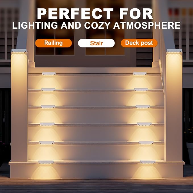 NIORSUN Solar Fence Lights Outdoor 20 Pack, IP65 Waterproof Large Size LED Solar Deck Lights with Lenses, Auto ON Off Warm White Step Lights for Outside, Patio, Fence, Yard and Railing Decor (White)