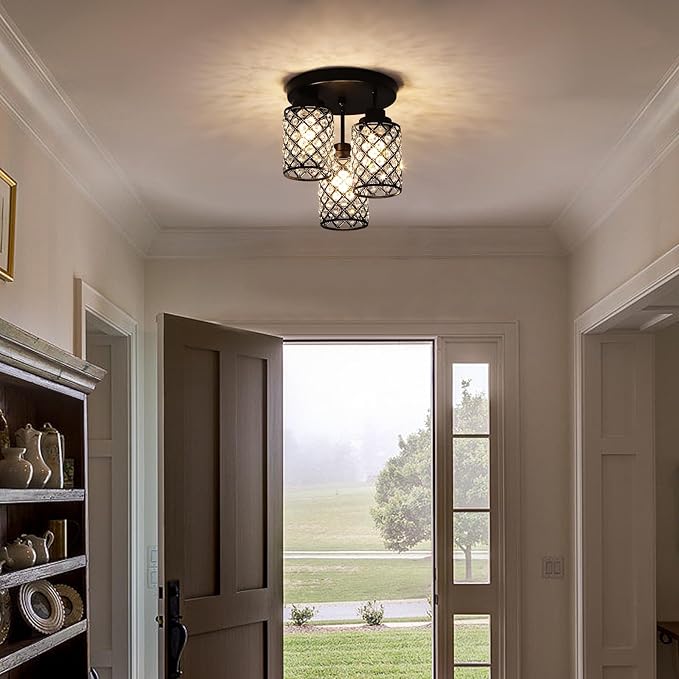 Semi Flush Mount Ceiling Light, 3-Light Close to Ceiling Light Fixtures with Crystal Metal Shade, Modern Crystal Chandelier for Bedroom Entryway Kitchen Hallway